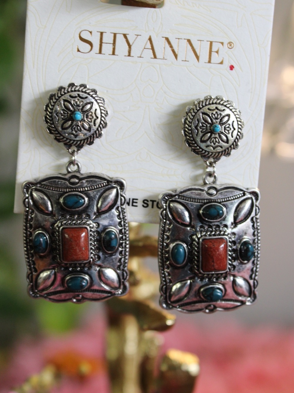 Shyanne Silver-Tone Turquoise and Red Stone Dangle Earrings